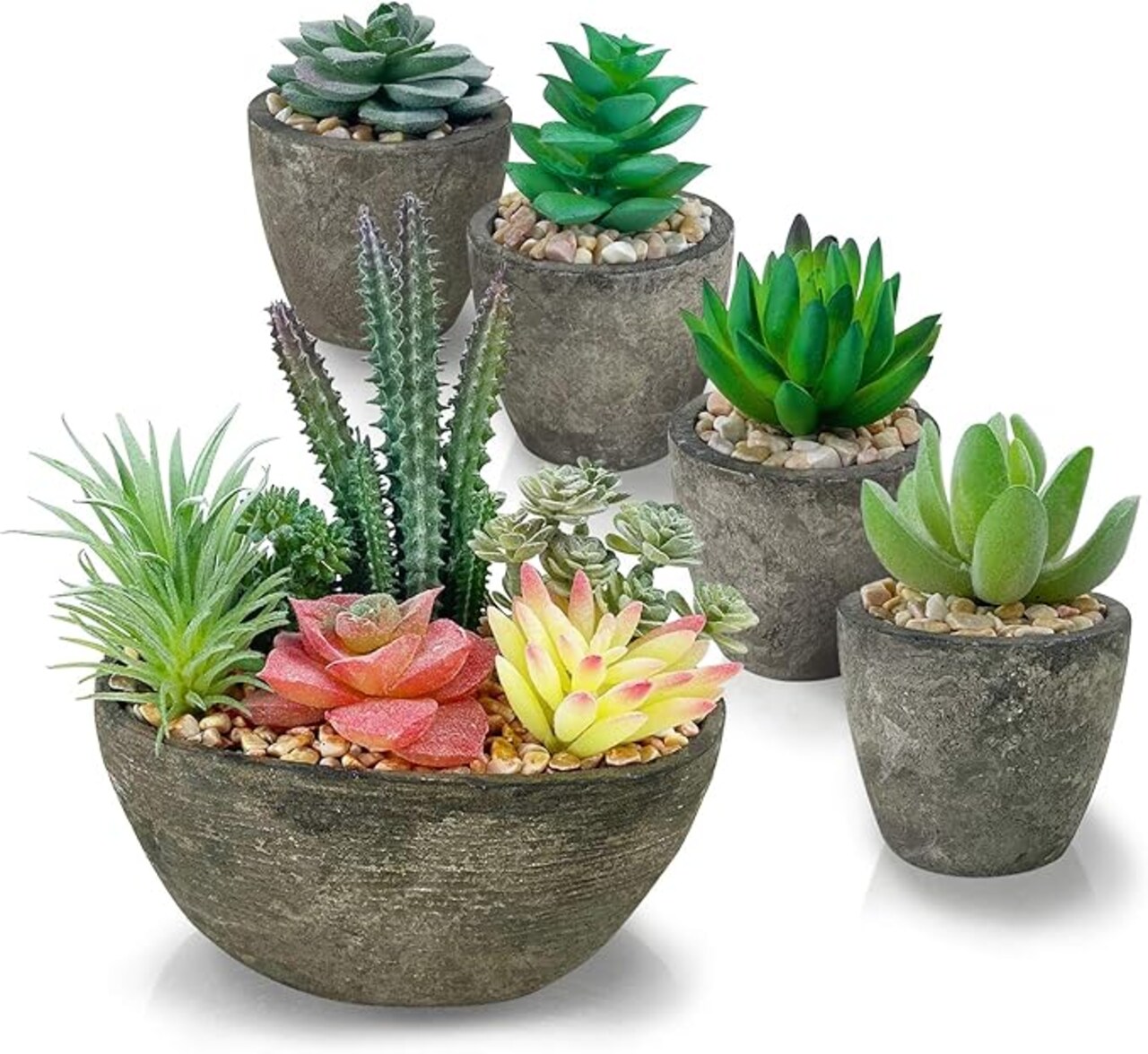 Succulents Plants Artificial Set of 5, Realistic Fake Succulents with Cement Like Pots for Home Office Decoration.
